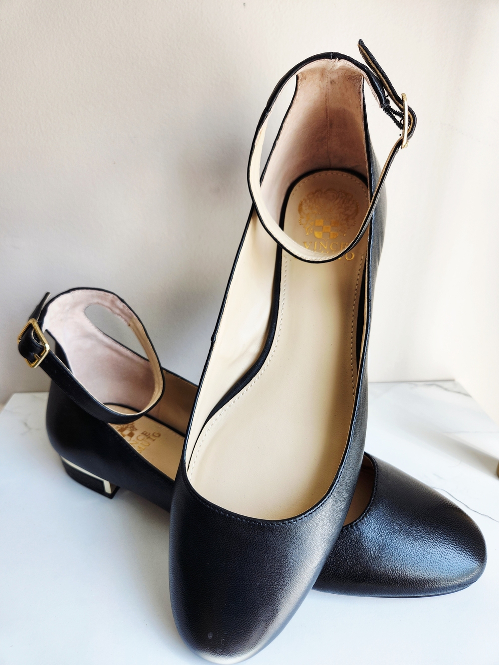 Vince Camuto Black Ankle-Strap Leather Flats